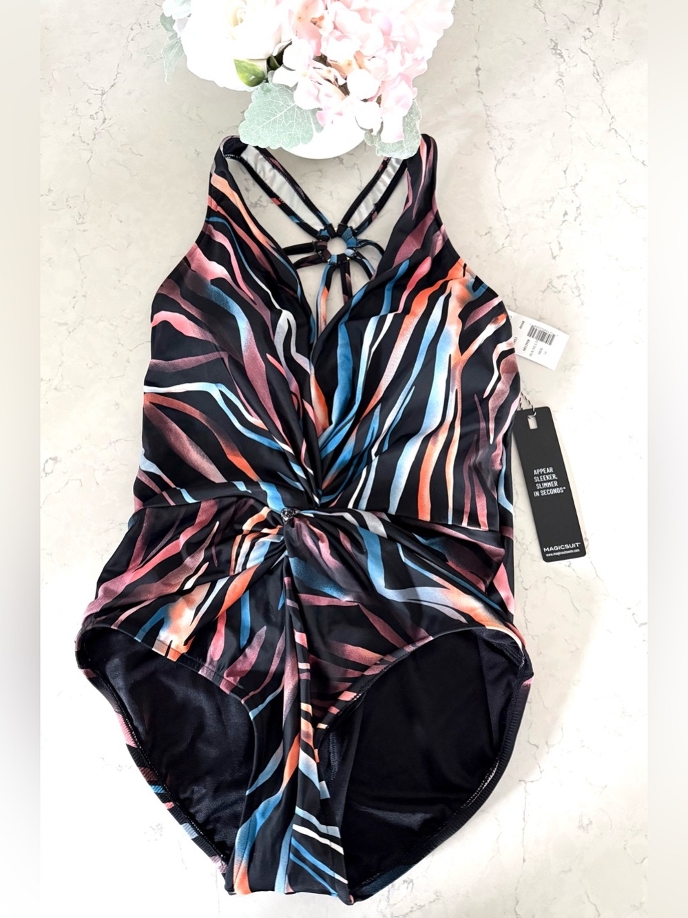Magicsuit Tigress Drew Black Multi-Color Striped Twist-Front One-Piece NWT Sz 14